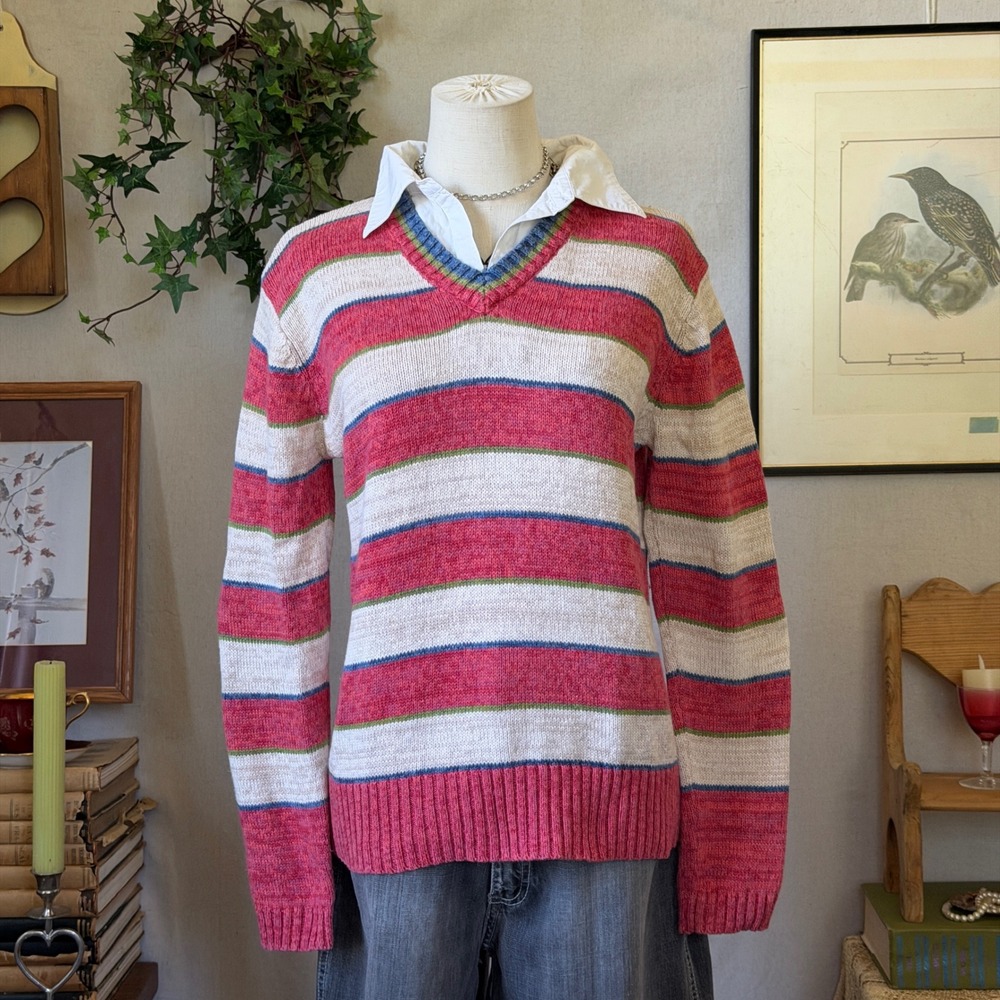 Pink Striped V-Neck Sweater Preppy Cottagecore Vintage Small Layered